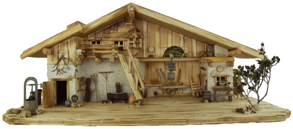 Preview: Stimmungsvolle Weihnachtskrippe Gotthard hell inkl. 24-tlg. Figurensatz K 002, Maße Krippe: ca. 90 x 40 x 40 cm